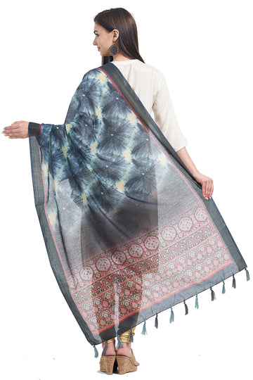 Indigo Tie And Dye Digital Print Chanderi Silk Dupatta